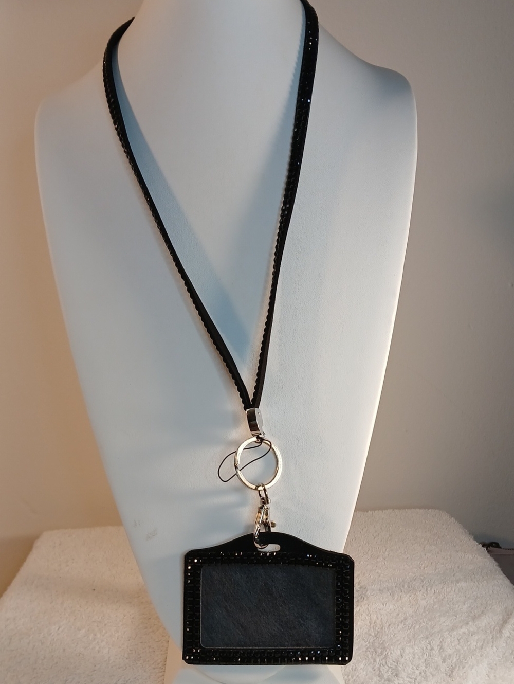 Black Lanyard ID Badge Holder with Rhinestone Trim